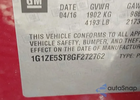 2016 Chevrolet Malibu 1Lt из США, поврежденный, VIN 1G1ZE5ST8GF272762